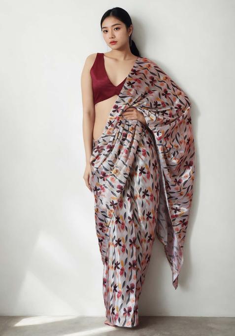 Charcoal Grey Floral Print Chinon Saree Set