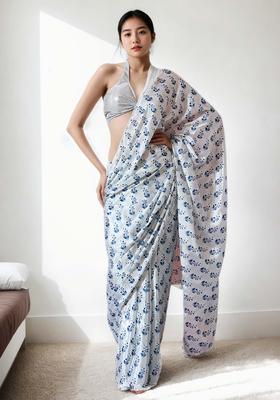 White Floral Print Chinon Saree Set