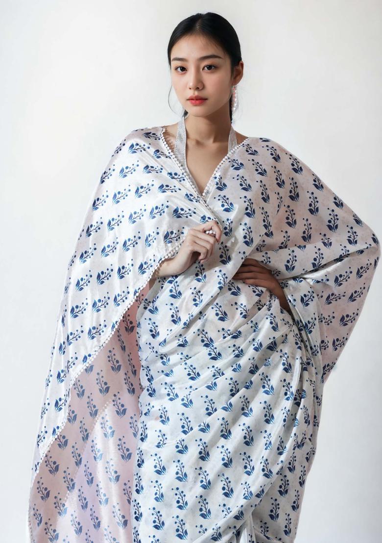 White Floral Print Chinon Saree Set - Indya