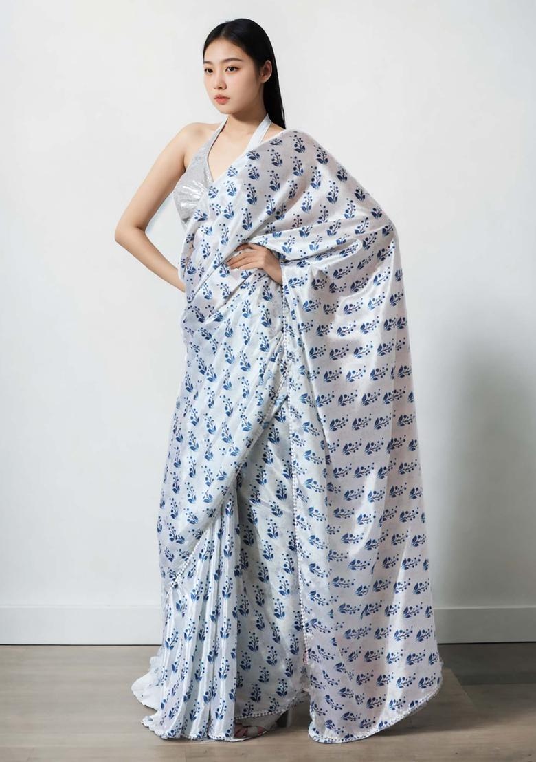 White Floral Print Chinon Saree Set - Indya