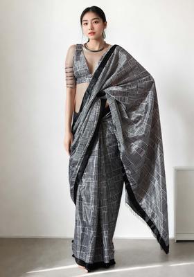 Dark Brown Geometric Print Chinon Saree Set