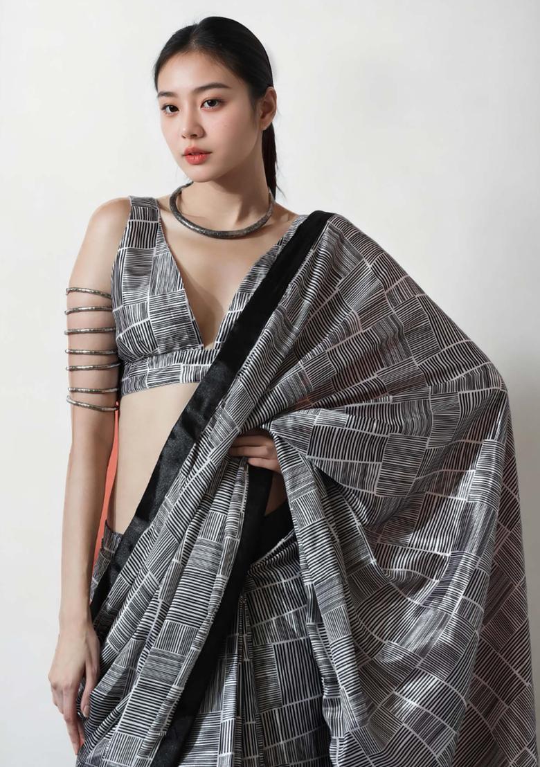 Dark Brown Geometric Print Chinon Saree Set - Indya