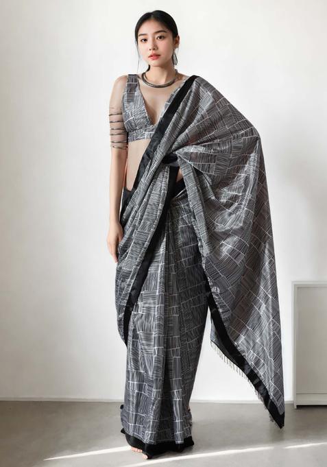 Dark Brown Geometric Print Chinon Saree Set