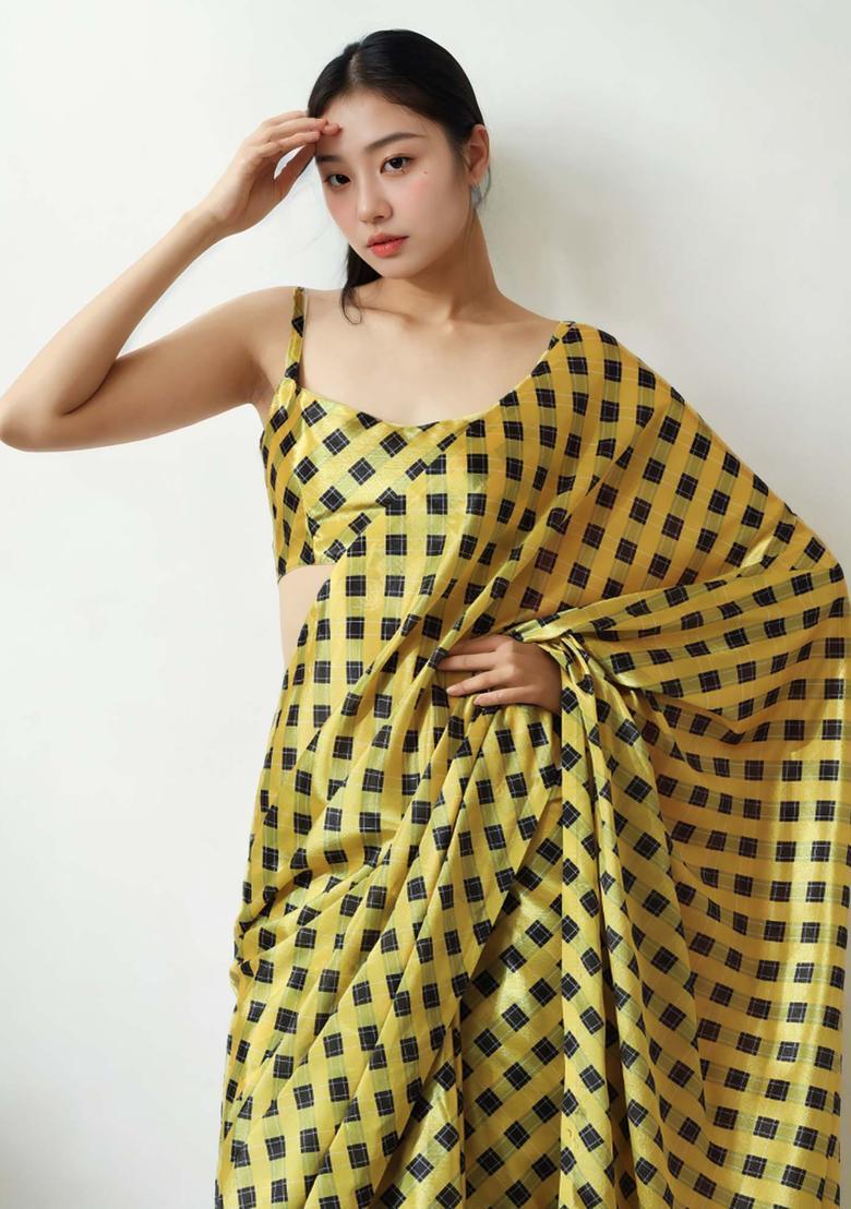 Yellow Checked Chinon Saree Set - Indya