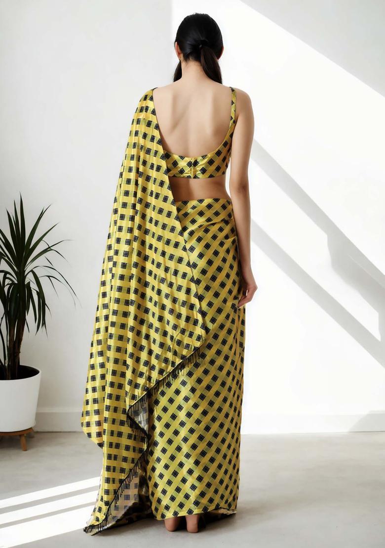 Yellow Checked Chinon Saree Set - Indya