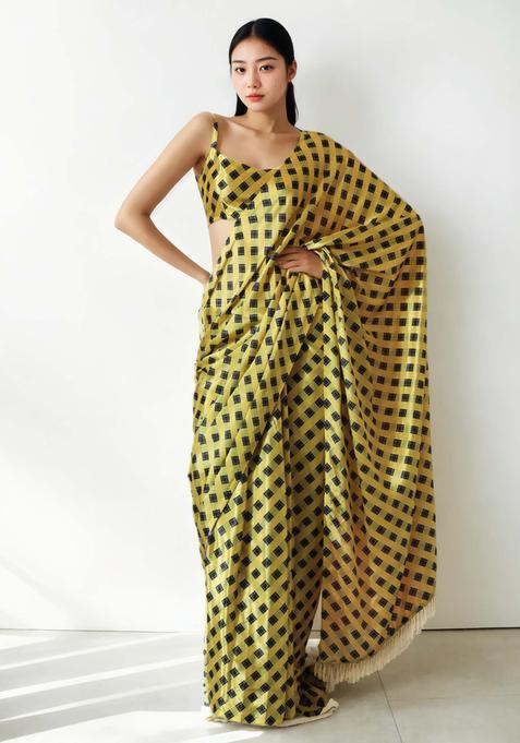 Yellow Checked Chinon Saree Set