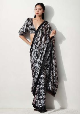 Black Floral Print Chinon Saree Set