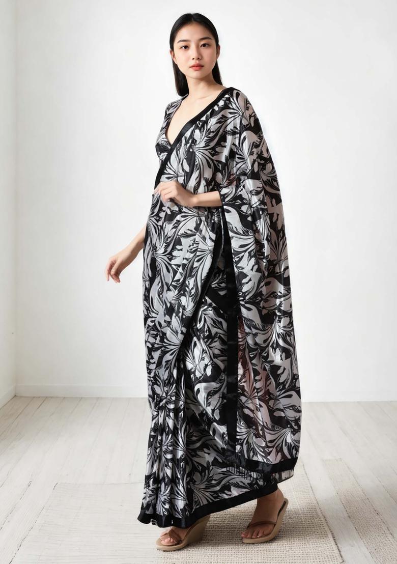 Black Floral Print Chinon Saree Set - Indya