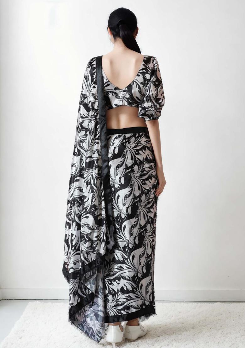 Black Floral Print Chinon Saree Set - Indya
