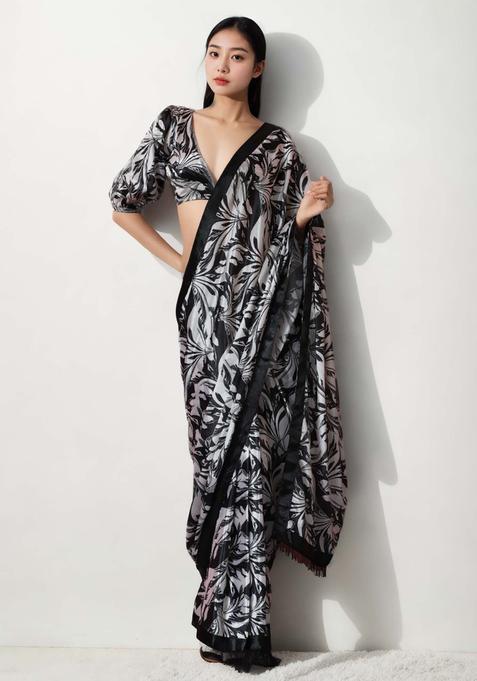 Black Floral Print Chinon Saree Set