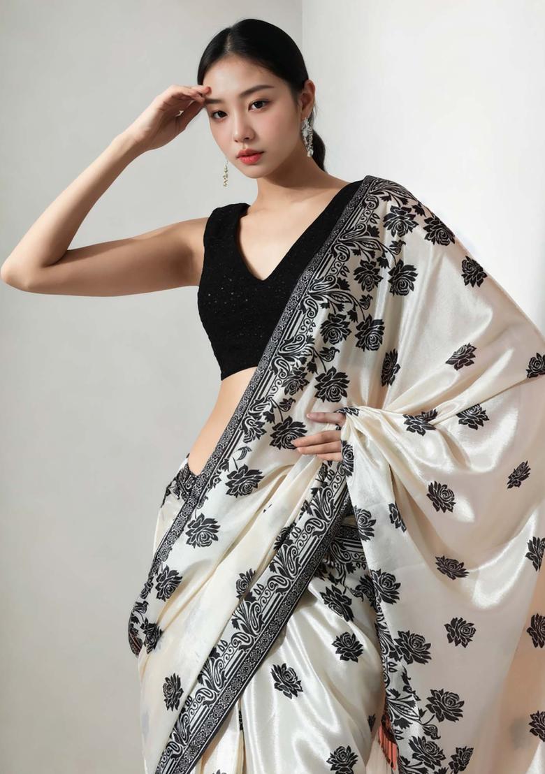 Ivory Floral Print Chinon Saree Set - Indya