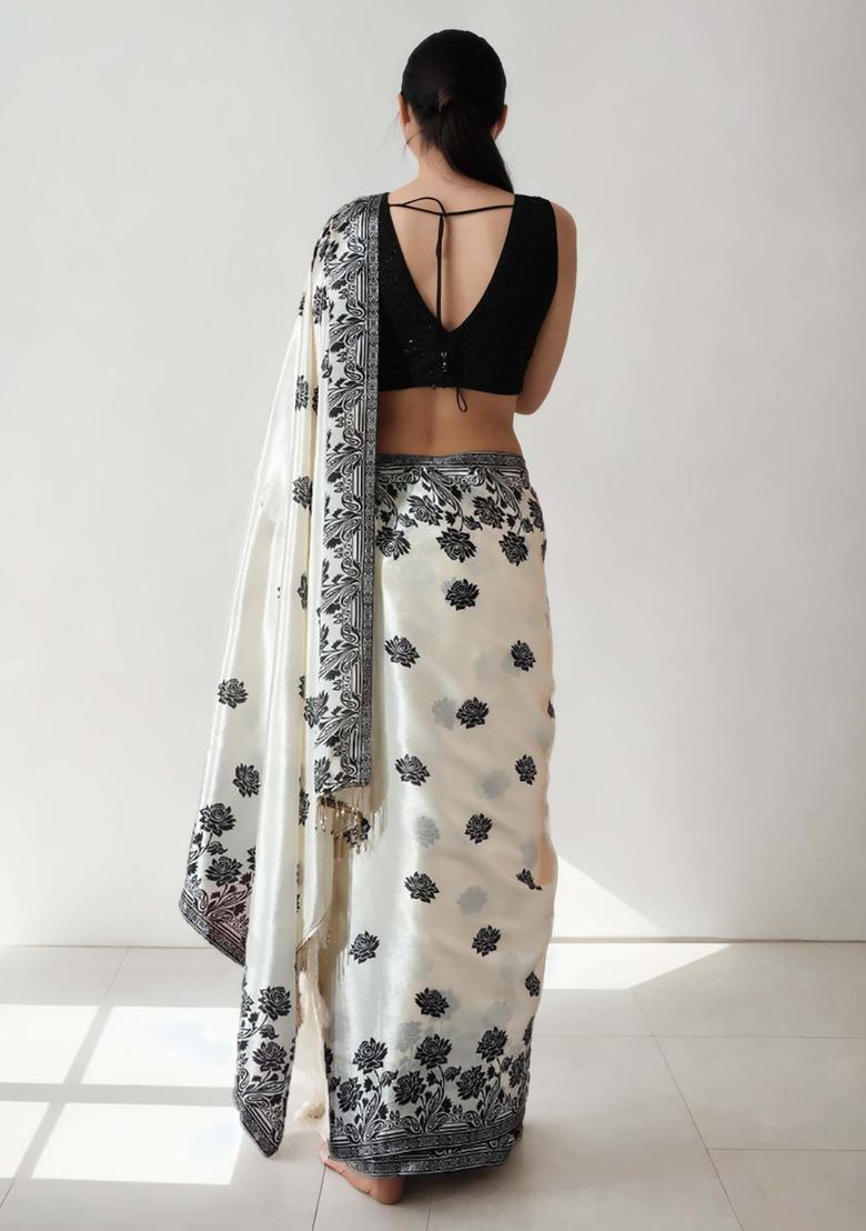 Ivory Floral Print Chinon Saree Set - Indya