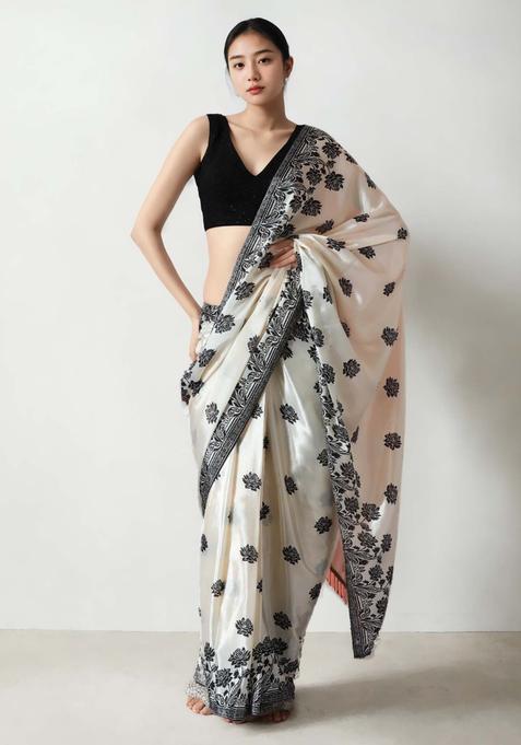 Ivory Floral Print Chinon Saree Set