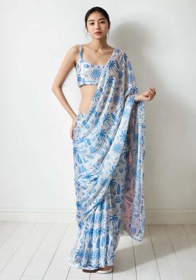 Light Blue Floral Print Chinon Saree Set