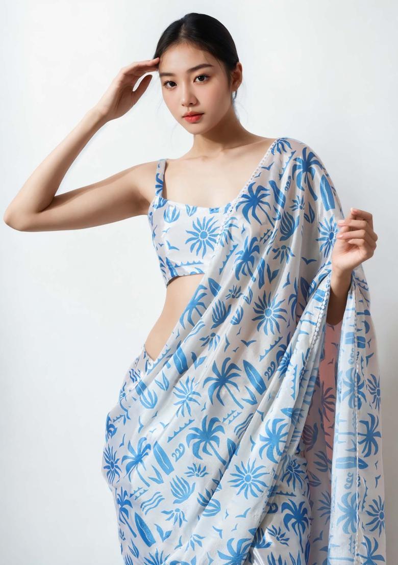 Light Blue Floral Print Chinon Saree Set - Indya