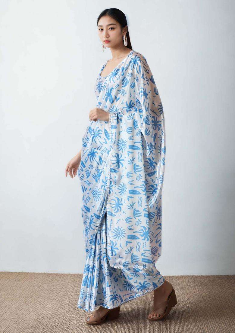 Light Blue Chinon Saree Set with Floral Print for Diwali | Wedding & Festive Wear - Indya