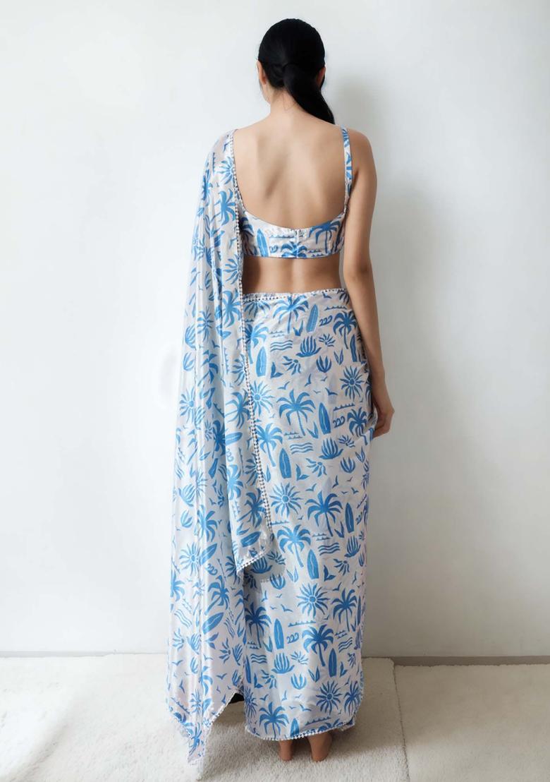 Light Blue Floral Print Chinon Saree Set - Indya