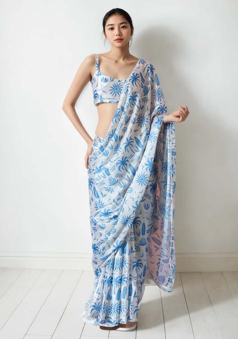 Light Blue Floral Print Chinon Saree Set