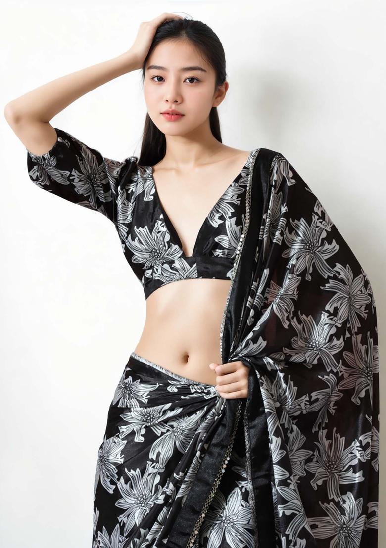 Black Floral Print Chinon Saree Set - Indya
