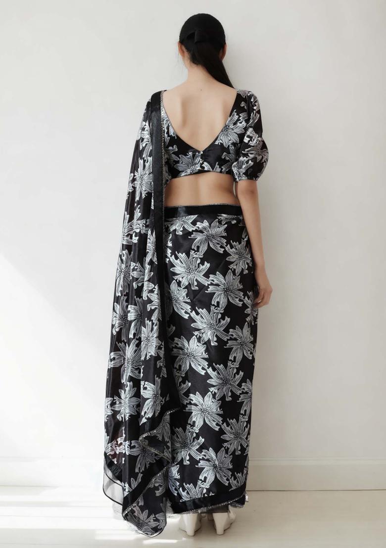 Black Floral Print Chinon Saree Set - Indya