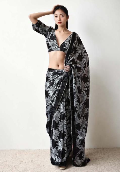 Black Floral Print Chinon Saree Set