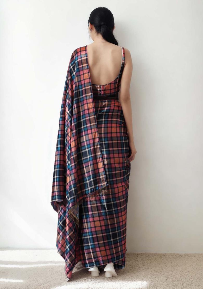 Multicolor Checked Chinon Saree Set - Indya