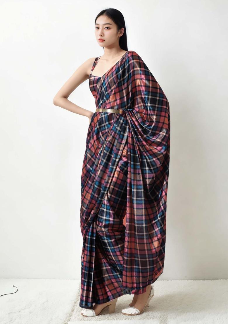 Multicolor Checked Chinon Saree Set - Indya