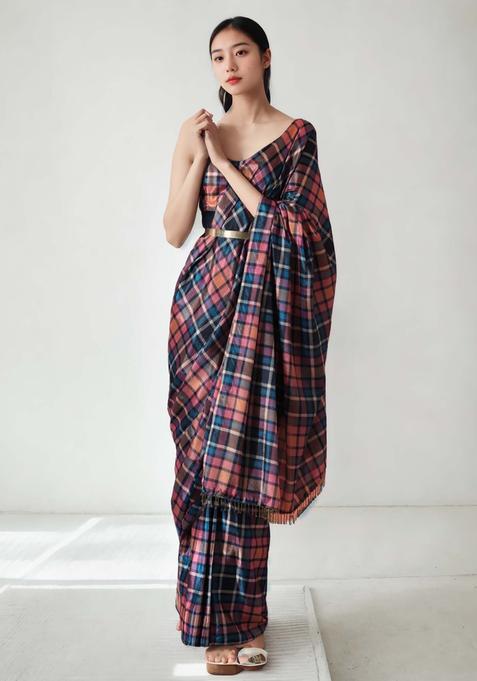 Multicolor Checked Chinon Saree Set