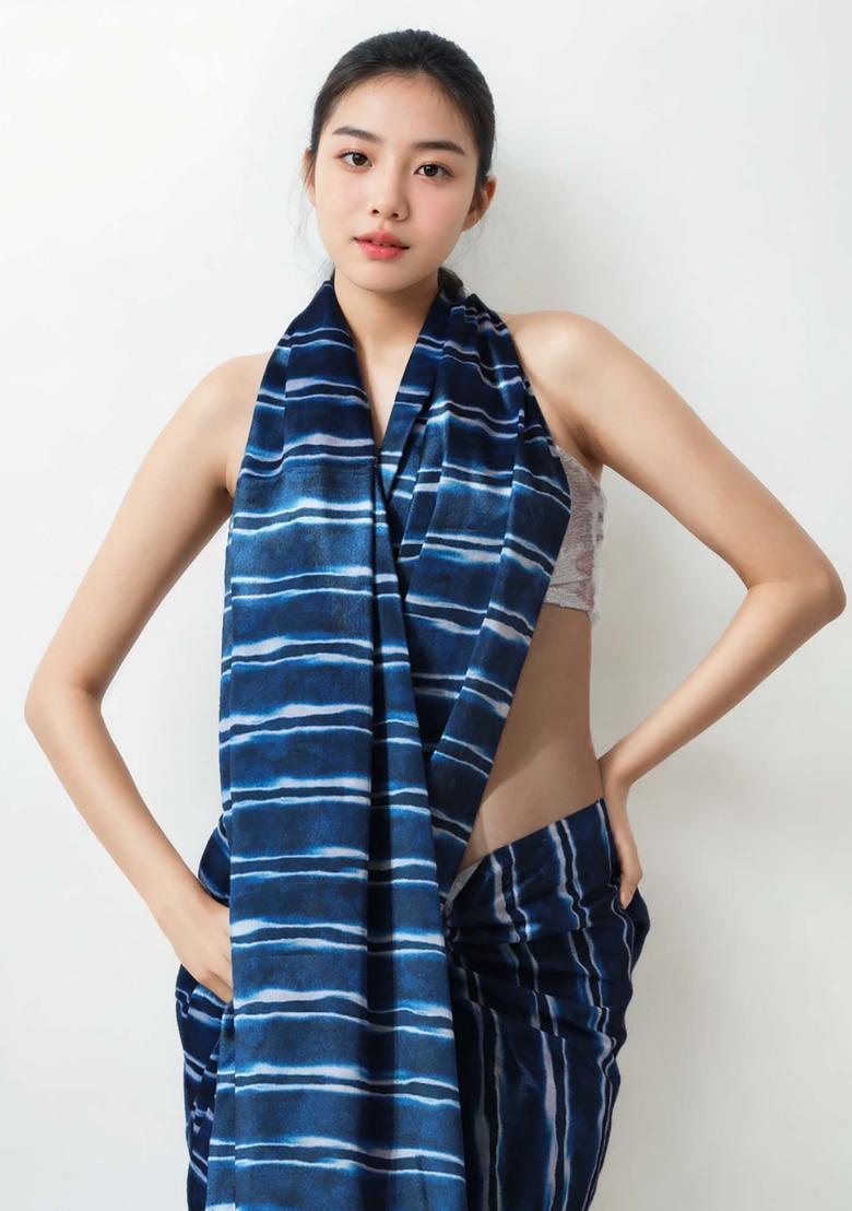 Blue Stripes Chinon Saree Set - Indya