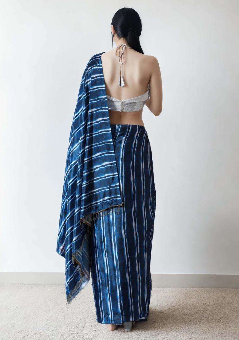 Blue Stripes Chinon Saree Set for Diwali | Wedding & Festive Wear - Indya