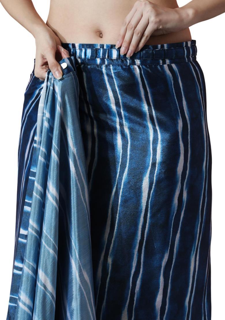 Blue Stripes Chinon Saree Set - Indya