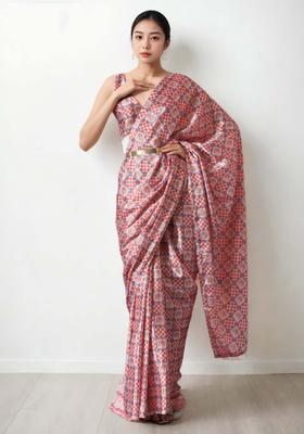 Peach Checked Chinon Saree Set
