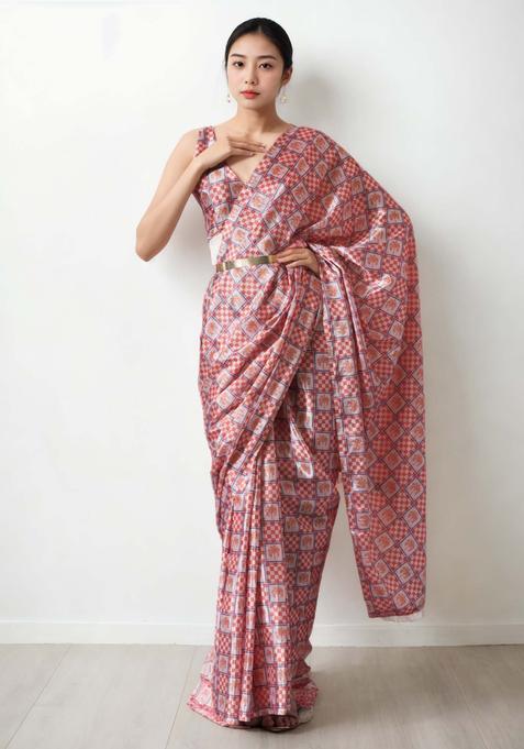 Peach Checked Chinon Saree Set
