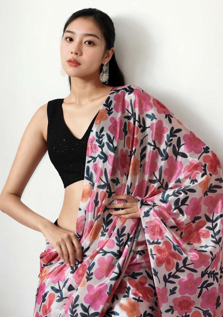 Pink Floral Print Chinon Saree Set - Indya