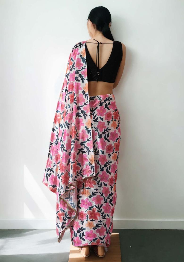 Pink Floral Print Chinon Saree Set - Indya