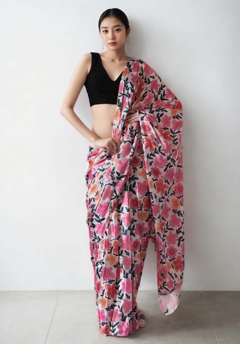 Pink Floral Print Chinon Saree Set