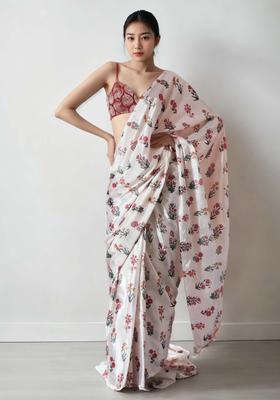 Cream Floral Print Chinon Saree Set