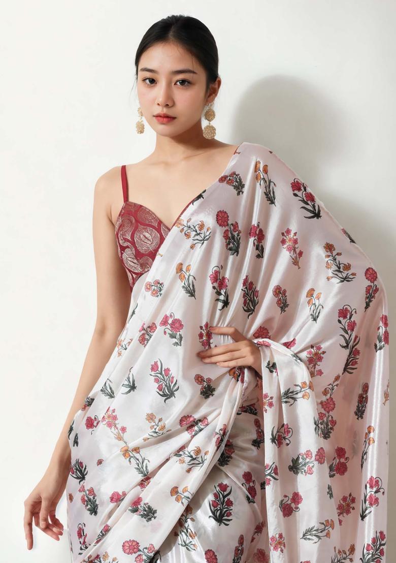Cream Floral Print Chinon Saree Set - Indya