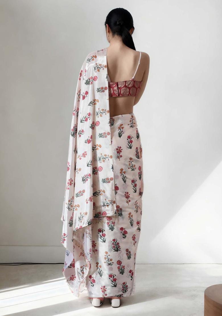 Cream Floral Print Chinon Saree Set - Indya
