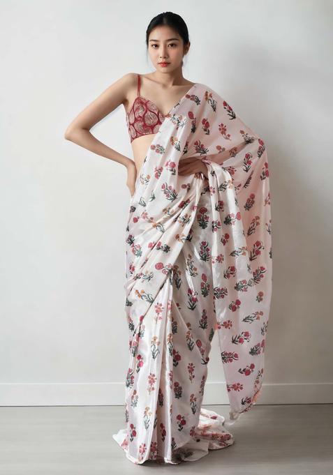 Cream Floral Print Chinon Saree Set