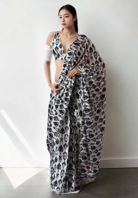Off White Printed Chinon Saree Set