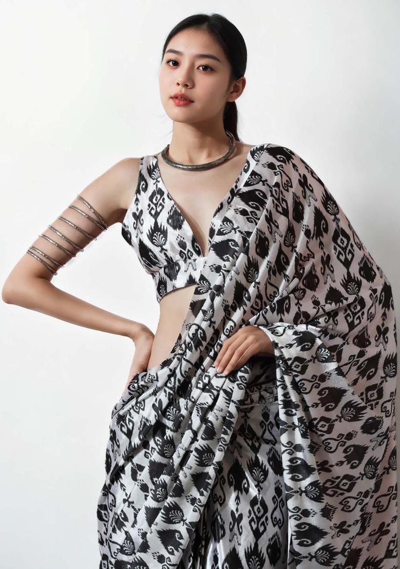 Off White Printed Chinon Saree Set - Indya