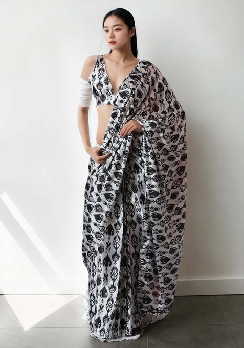Off White Printed Chinon Saree Set