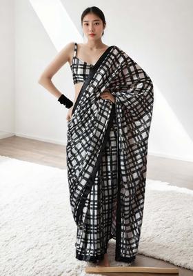 Multicolor Checked Chinon Saree Set