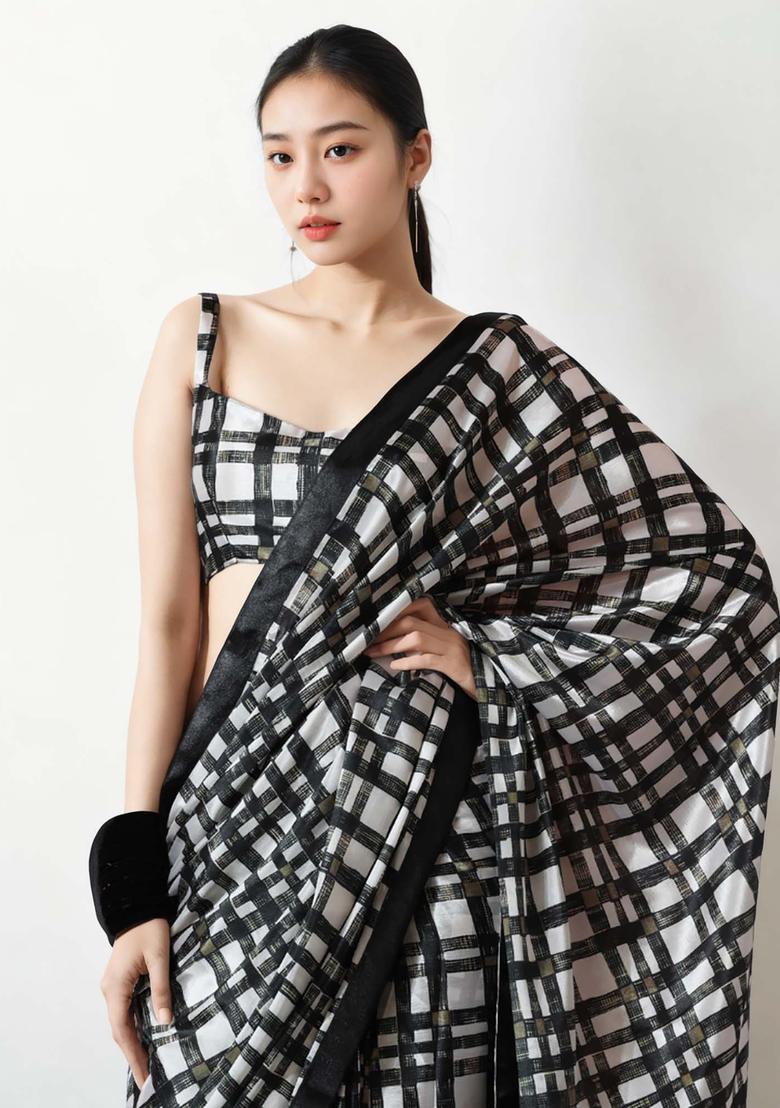 Multicolor Checked Chinon Saree Set - Indya