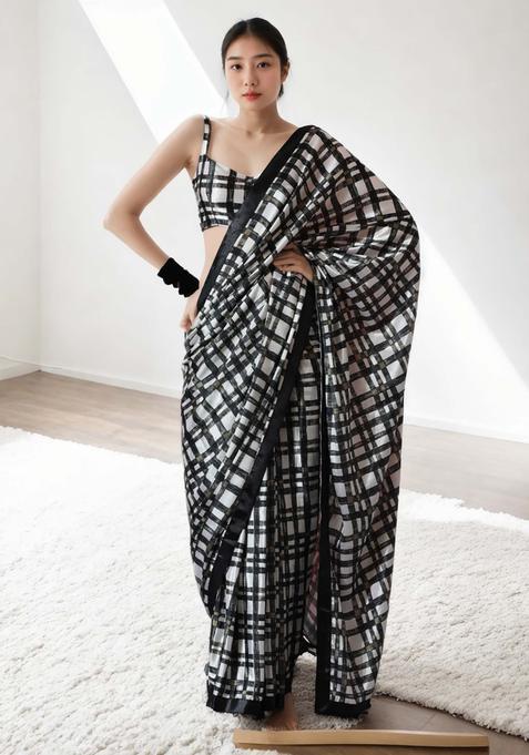 Multicolor Checked Chinon Saree Set