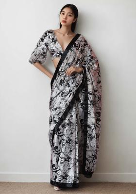 White Floral Print Chinon Saree Set
