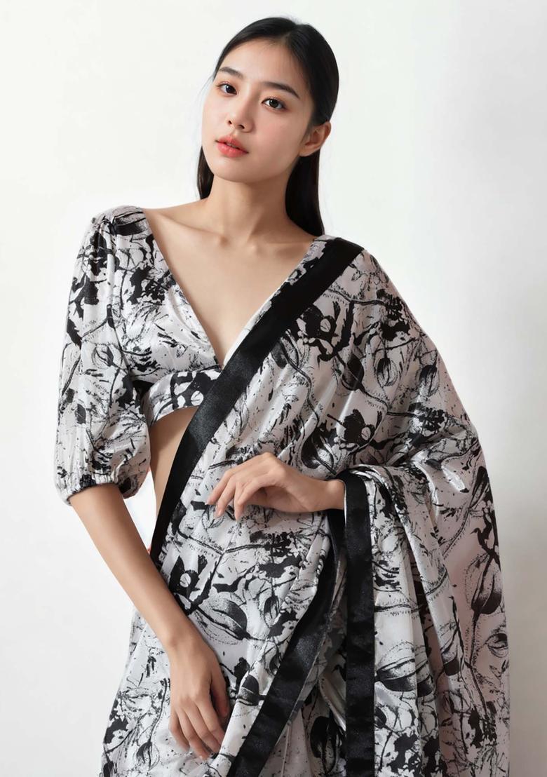 White Floral Print Chinon Saree Set - Indya