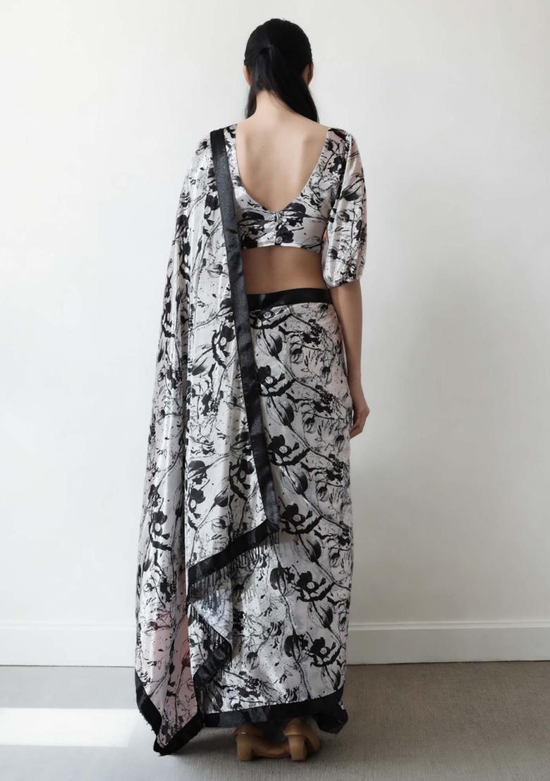 White Floral Print Chinon Saree Set - Indya