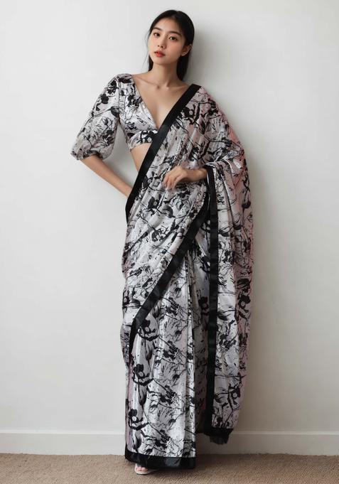 White Floral Print Chinon Saree Set